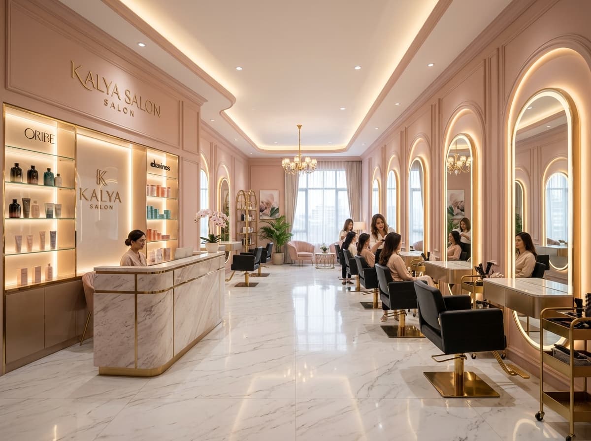 Suasana interior Kalya Salon di Kota Madiun dengan cermin lengkung mewah dan ruang perawatan bernuansa blush pink